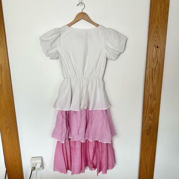 JessaKae Eva Women’s Pink White Gingham Tiered Layered Seersucker Short Sleeved - Picture 3 of 8
